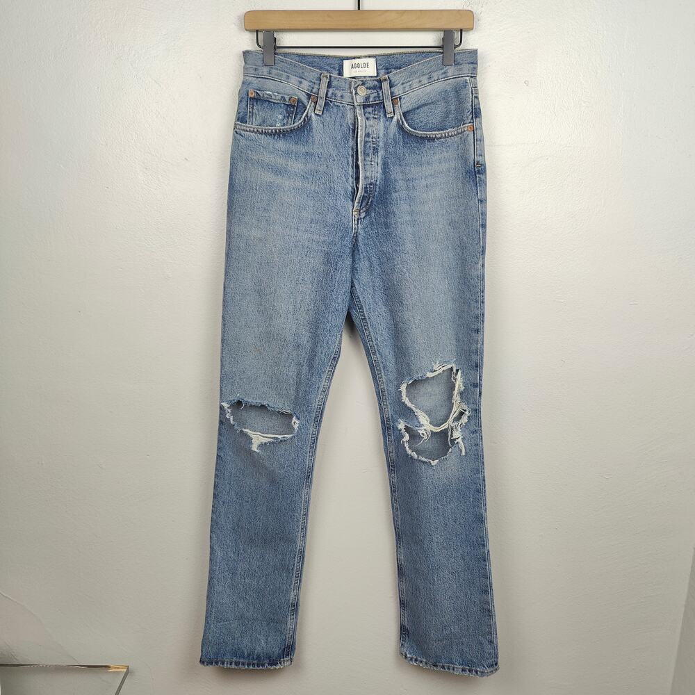 Agolde Lana Straight Jeans Womens 25‎ Backdrop Knee Rips Medium Wash Organic